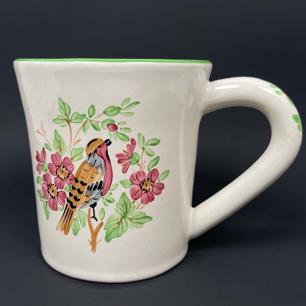 Vintage Herend Village Pottery Handpainted Bird Mug White Green Floral Hungarian